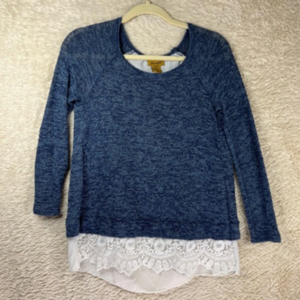 Wrangler Tunic‎ Blouse Womens S Blue Marled Long Sleeve Lace Stretch Split Back